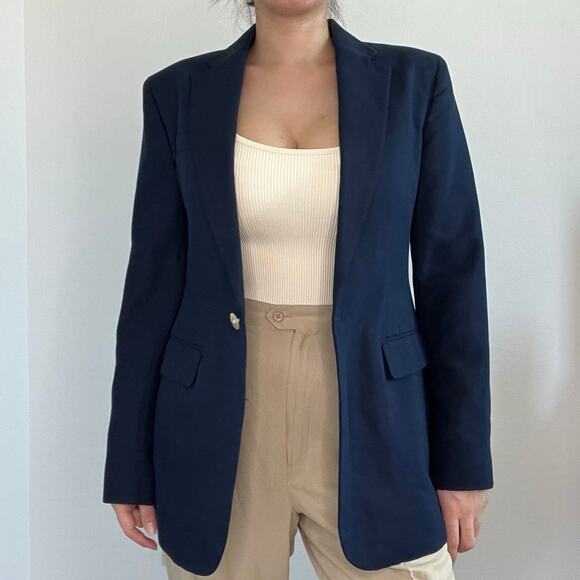 Lauren Ralph Lauren Navy Cotton Silk Blazer Size 4 Classic One Button Silk blend - Picture 14 of 14